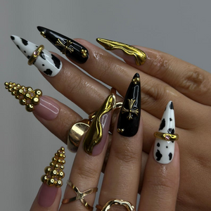 Gothic Cow Glam Press On Nails | Black & White Cow Print Stiletto Nails | Gold 3D Metal Accents | Spider Charm Nail Art | OB1058YK