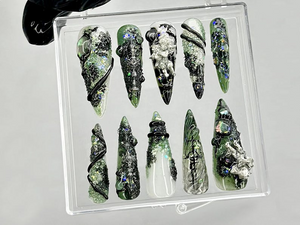 Emerald Witch 3D Press On Nails | Spooky Witch Nail Art | Creepy Cute Press Ons | Black Green Horror Fake nails | 3D Creepy Nails | OB945YC