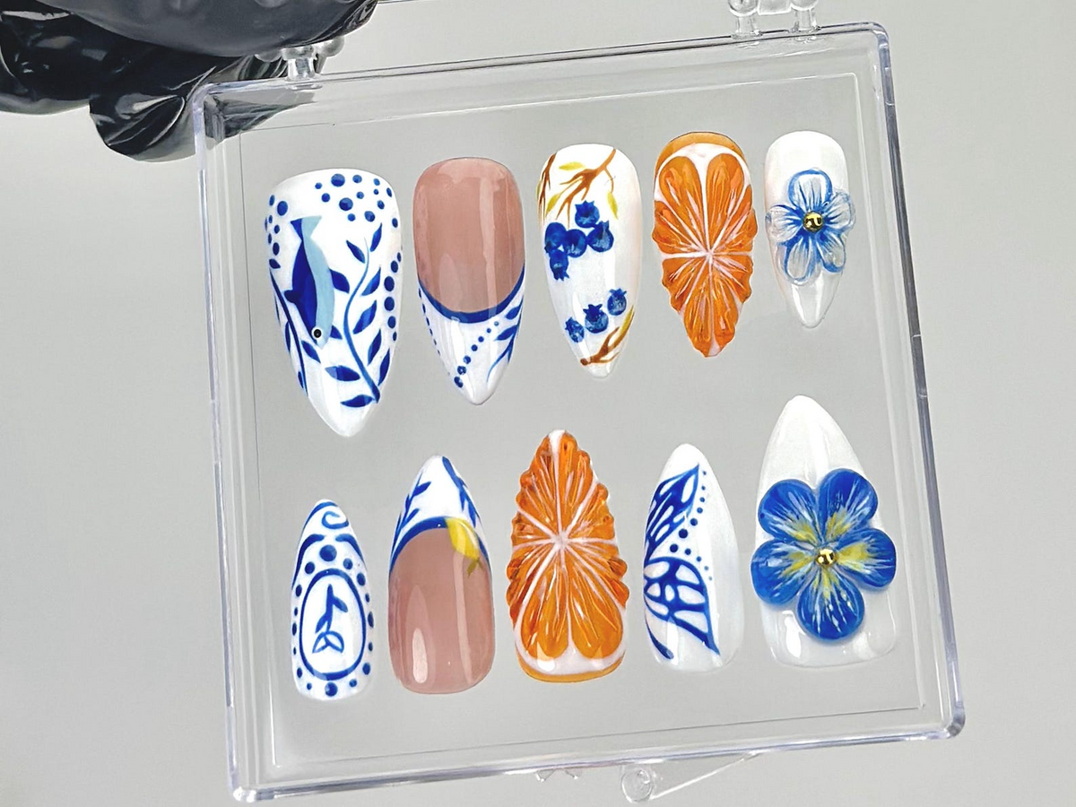 Porcelain Blue Floral Press On Nails | Oriental Ceramic Fake Nails | Orange Blossom Nail Art | Butterfly Citrus Nails | Luxury Nails|OB903YK