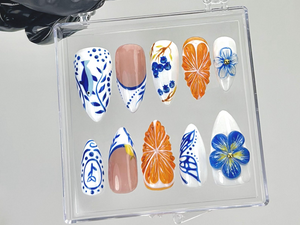 Porcelain Blue Floral Press On Nails | Oriental Ceramic Fake Nails | Orange Blossom Nail Art | Butterfly Citrus Nails | Luxury Nails|OB903YK