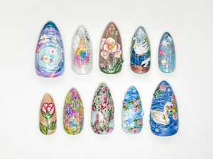 Handpainted Swan Press On Nails | Dreamy Lake Garden Nail Art | Nature Landscape Press On Set | Impressionist Pastel Nails | OB930HC