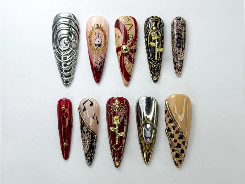 Alice in Wonderland Press-On Nails | Steampunk & Vintage-Inspired Set | White Rabbit Gothic Nail Set | Dark Fairytale Press-Ons | OB727HC
