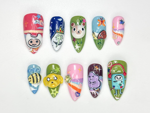 Adventure Time Cute Press On Nails | 3D Cartoon Characters & Bee Accents | Handmade Pop Culture Nail Art | Cute Animation Nail Set | OB116HC