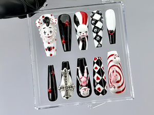 Gothic Clown Press On Nails by DoryNail | Horror Harlequin Fake nails | Creepy Cute Nail Art | Black Red White 3D Dolls Nails | OB806YK