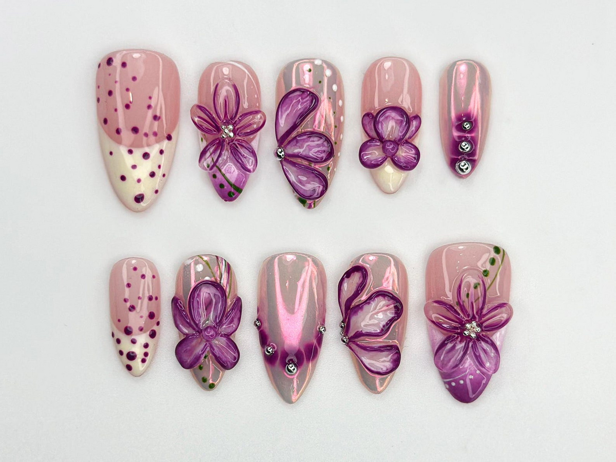 Glossy Purple Flower Press On Nails | 3D Floral Chrome Nails | Handmade Long Nails | Sparkling Violet Flower Tips| Elegant Nail Set |OC770LC