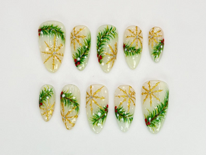 Luxury Christmas Press On Nails | Gold Snowflakes And Pine Accents Fake Nails | Festive Holiday Nail Polish | Seasonal Nail Art | OC650YC