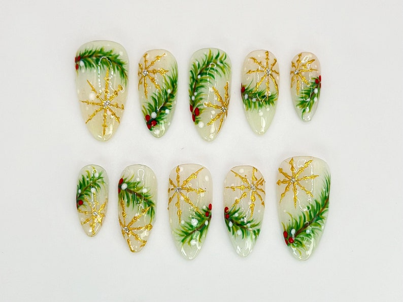 Luxury Christmas Press On Nails | Gold Snowflakes And Pine Accents Fake Nails | Festive Holiday Nail Polish | Seasonal Nail Art | OC650YC