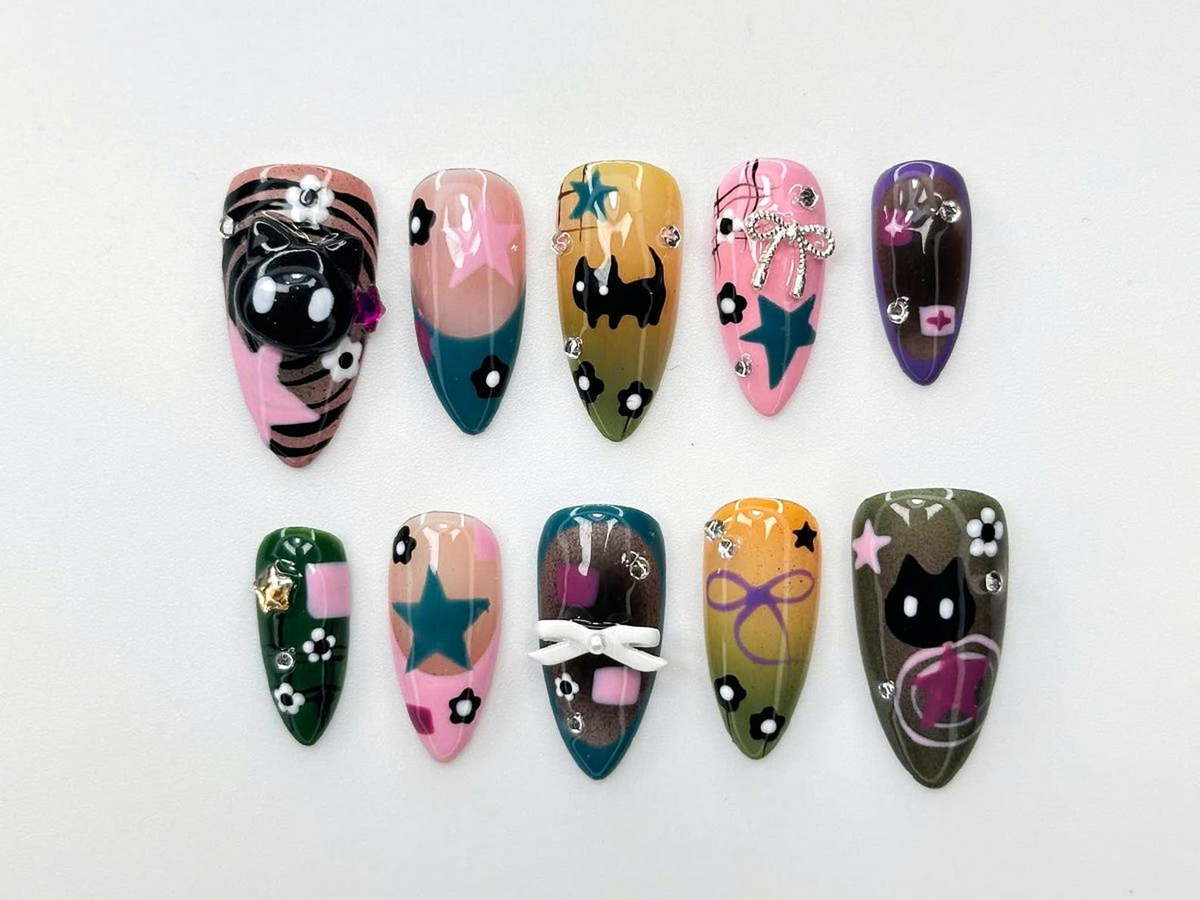 Goth Kawaii Press On Nails | Handmade Black Cat & Star Nail Art | Long Stiletto Glue On Nails | Alternative Aesthetic Gift for Her | OB913DC