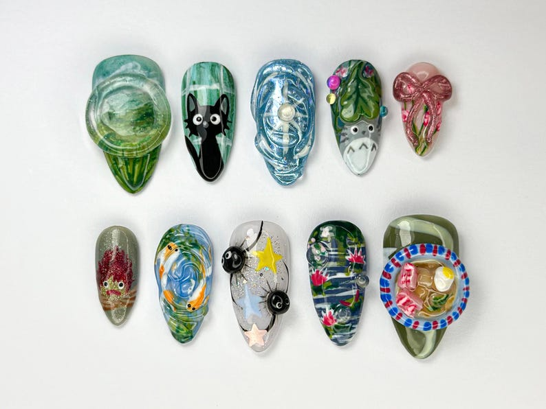 Cute Totoro-Inspired Press-On Nails | Studio-Inspired Press-On Nail Art | Handcrafted Anime Nail Design | Forest Spirit Nail Art | OB709HC