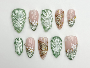 Jade Green Floral Press On Nails | Elegant Floral Nail Art | Zen Nature Press Ons | Nude Floral Butterfly Nails | Handmade 3D Nail | OB781HC