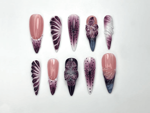 Elegant Purple Bloom Press On Nails | 3D Floral Ombre Nail Art | Nude Pink Handmade Nails | Luxury Artistic Long Set | OB1152BK