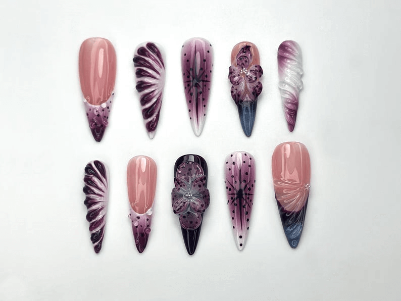 Elegant Purple Bloom Press On Nails | 3D Floral Ombre Nail Art | Nude Pink Handmade Nails | Luxury Artistic Long Set | OB1152BK