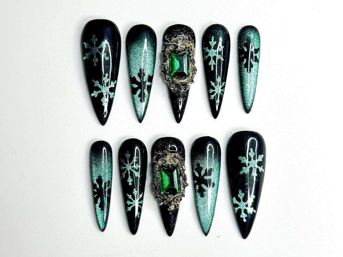 Emerald Snowflake Christmas Press On Nails | Black Green Winter Nails | Luxe Holiday Nail Art | Stiletto Press Ons | Winter Set | OB237HC