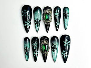 Emerald Snowflake Christmas Press On Nails | Black Green Winter Nails | Luxe Holiday Nail Art | Stiletto Press Ons | Winter Set | OB237HC