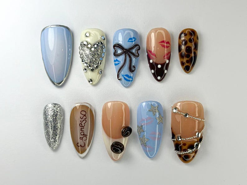 Modern Espresso Coffee Press-On Nails | Glitter, Glam Espresso Nails | Coffee, Leopard & Bow Designs | Luxury Espresso Aesthetic | OC713HC