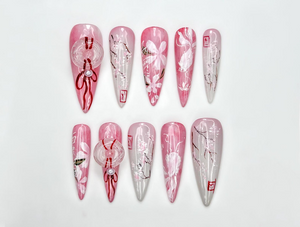 Pink Blossom Press On Nails | Pink Jelly Floral Nails | Asian Flower Nails | Romantic Spring Nails | Handmade Stiletto Press Ons | OB312HC