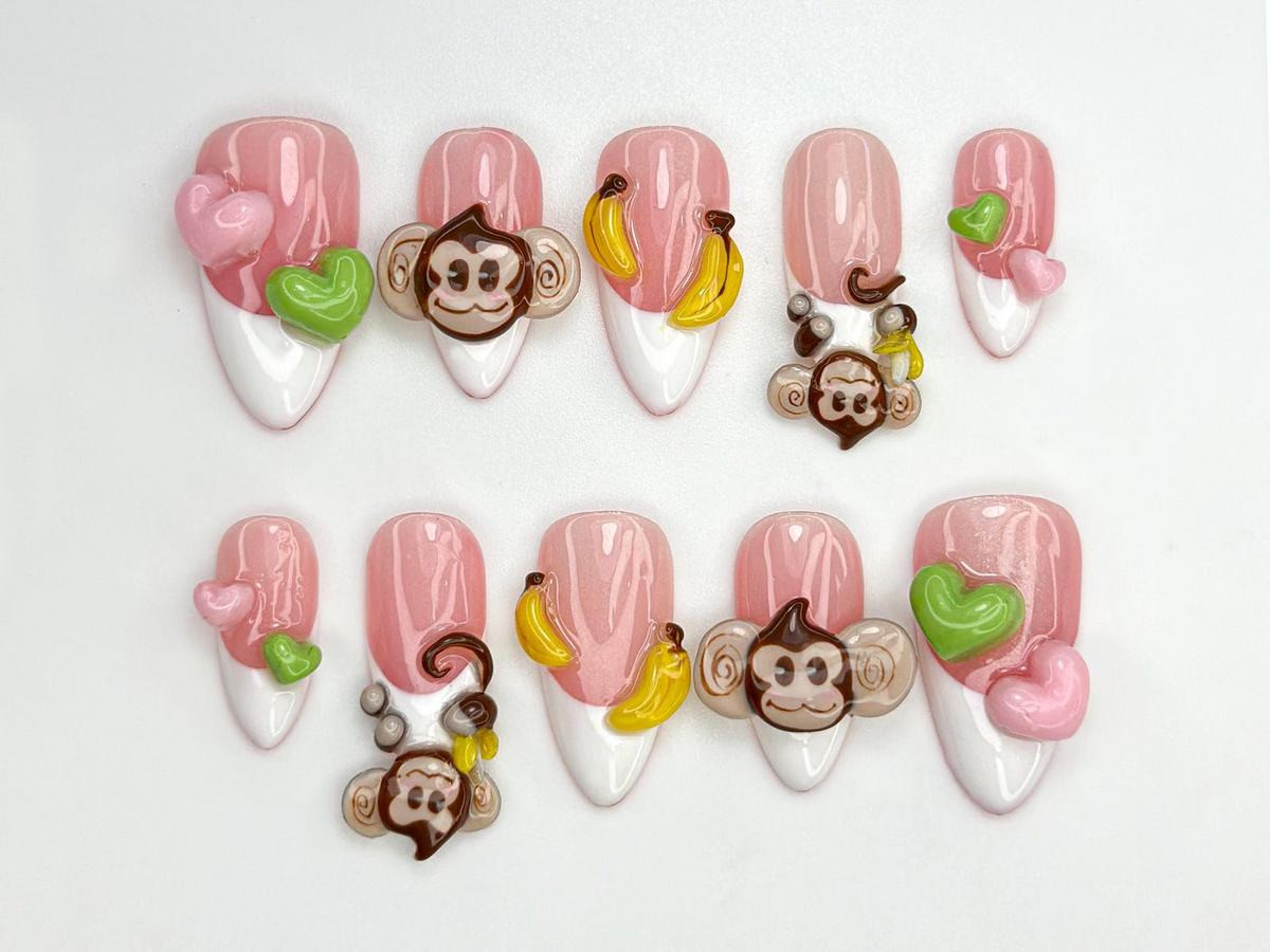 Cute Monkey Pink Cute Press On Nails | Cute 3D Banana Monkey Nails | Pink & Green Heart Nails | Kawaii Jungle Vibe | Cartoon Nails | OB811HC