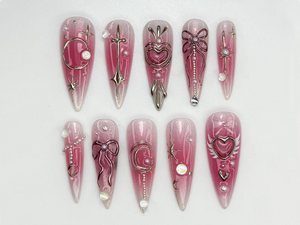 Moon & Star Romantic Press On Nails | Pink Fantasy Nail Art | Magical Soft Girl Press Ons | Pearl Dreamy Nail Set | Soft Girl Nails |OC833HC
