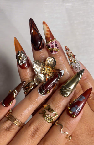 Autumn Luxe Press On Nails | Dark Red & Metallic Gold Nail Art | Handmade Gothic Glam Nails | Long Stiletto Nail | Luxury Fall Vibe| OB173HK