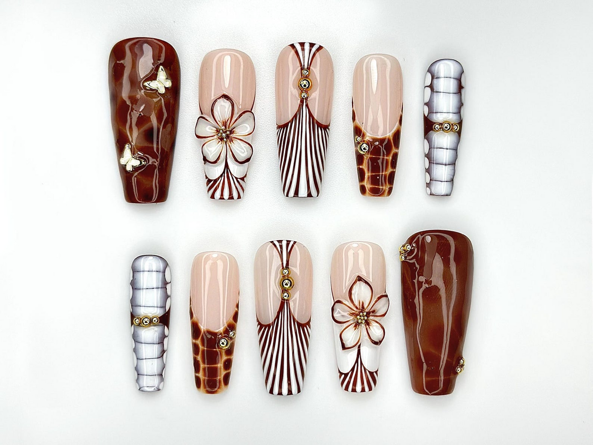 Caramel Elegance Press On Nails | Brown Marble 3D Flower Nails | Butterfly Accent & Luxe Stripe Design | Fall Long Gel Nails | OB1003EC