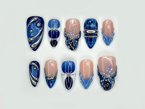 Winter Midnight Spark Press On Nails | Blue Chrome Nail Art | Silver Star 3D Nails | Elegant Winter Press Ons | OB214EC