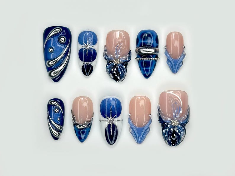 Winter Midnight Spark Press On Nails | Blue Chrome Nail Art | Silver Star 3D Nails | Elegant Winter Press Ons | OB214EC