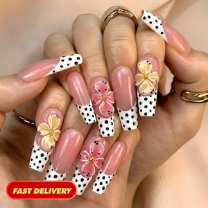Retro Polka Dot Press On Nails | 3D Floral French Tip | Y2K Pastel Summer Nails | Bold Party Vacation | Custom Shape Handmade Set | OB1353DK