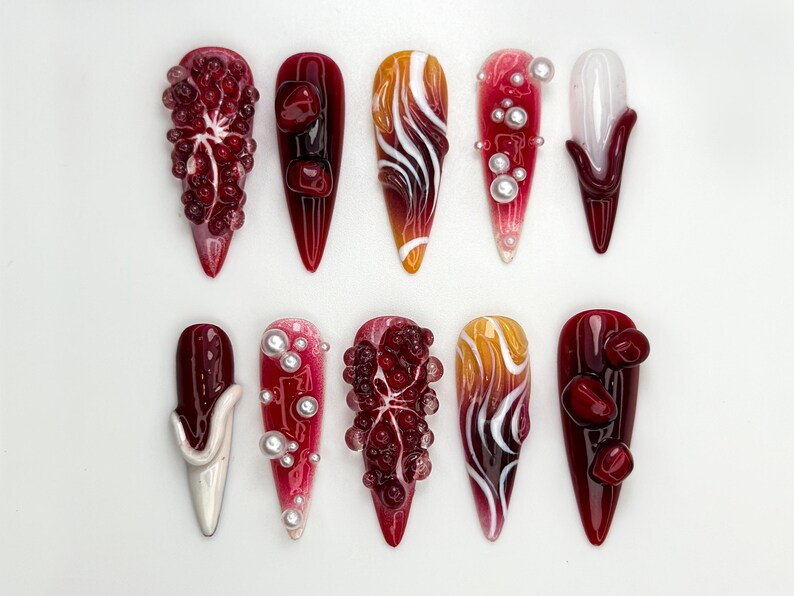 Pomegranate Lava Press On Nails | Deep Red Chrome Fruit Nails | 3D Pearl Fire Nail Art | Garnet Gradient Press Ons | Artistic Red | OB858H
