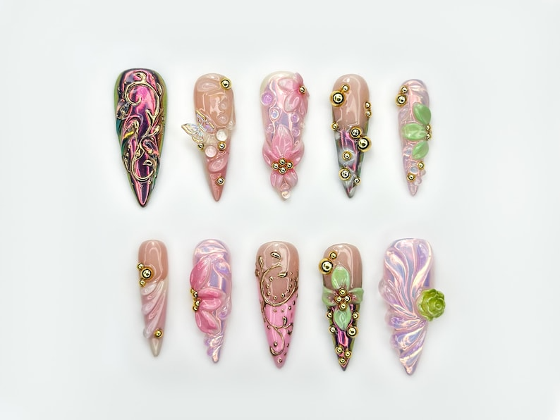 Enchanted Garden Fantasy Press On Nails | 3D Floral Nail Art | Iridescent Pink Luxury Nails | Handmade Long Sculpted Nails | OB190EC