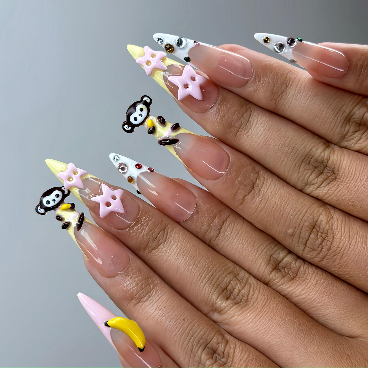 3D Monkey Banana Press On Nails | Cute Pink Star & Fruit Fake Nails | Kawaii Handmade Nail Art | Playful Cute Nails | Cartoon Nails |OB255YC