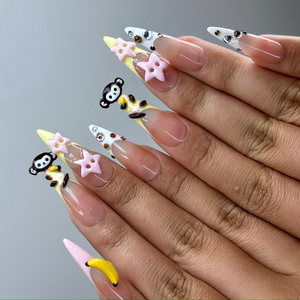 3D Monkey Banana Press On Nails | Cute Pink Star & Fruit Fake Nails | Kawaii Handmade Nail Art | Playful Cute Nails | Cartoon Nails |OB255YC