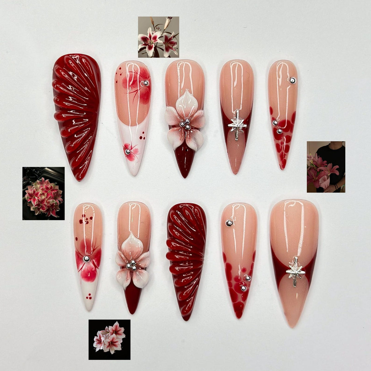 Deep Lily & Crimson Ripple Nails | 3D Floral Dark Red Press Ons | Luxury Moody Romantic Burgundy Stiletto Art | OB370IC