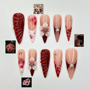 Deep Lily & Crimson Ripple Nails | 3D Floral Dark Red Press Ons | Luxury Moody Romantic Burgundy Stiletto Art | OB370IC