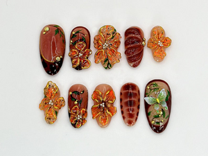 Custom Brown Floral Press-On Nails | Fall Leaves Design | Brown and Orange 3D Nail Art | Custom Nail Design | Autumn Elegance | OB595H