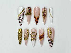 Gold Leopard Luxury Press On Nails | 3D Metallic Chrome Nails | Animal Print Stiletto | Glam Nail Set | Handmade Press Ons | OC318HC