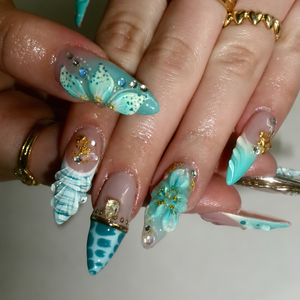 Luxury Mermaid Press On Nails | Gold Chrome Mint Stiletto Fake Finger | 3D Seashell Ocean Wave Custom Summer Beach Manicure | OB1KL