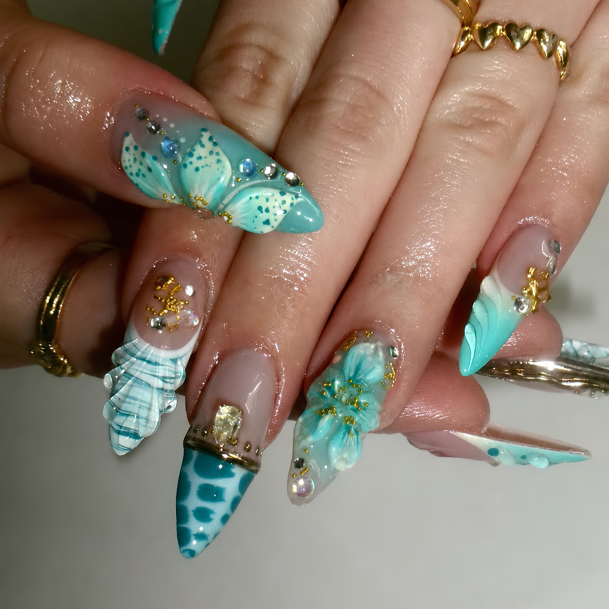 Luxury Mermaid Press On Nails | Gold Chrome Mint Stiletto Fake Finger | 3D Seashell Ocean Wave Custom Summer Beach Manicure | OB1KL