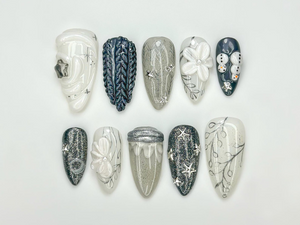 Silver Winter Stars Press On Nails | Elegant Winter Flower Nail Art | Grey Glitter Winter Nails | Frosty Holiday Press Ons | OC251EC