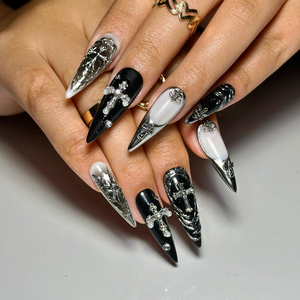 Black Gothic Press On Nails | Dark Alternative Nail Art | 3D Cross Nail Art with Pearls | Punk Fake Nails | Punk Rock Press Ons | OC194YP