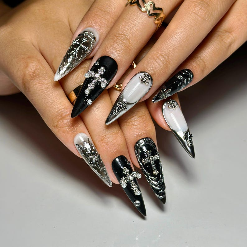 Black Gothic Press On Nails | Dark Alternative Nail Art | 3D Cross Nail Art with Pearls | Punk Fake Nails | Punk Rock Press Ons | OC194YP