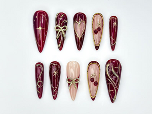 Wine Red Fall Press On Nails | Burgundy & Gold Nail Art | Autumn Holiday Nails | Handmade Glam Nail Set | Elegant Long Nails | OC1137BC