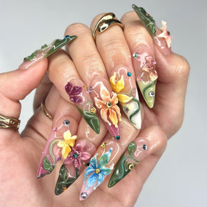 3D Tropical Flower Fairy Press On Nails | Colorful Floral & Green Vine Art | Whimsical Stiletto Design | Summer Festival Wedding | OB90DG