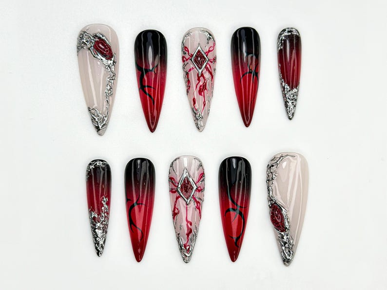 Sylus Love and Deepspace Nail Art | Vampire Romance Claws | Red Vein Gothic Fantasy Nails | Sylus Inspired Nail Art | OC820HC