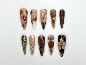 Autumn Brown Gold Press On Nails | 3D Floral Nail Art | Fall Inspired Nail Set | Handmade Neutral Nails | Elegant Long Press Ons | OC1121BK