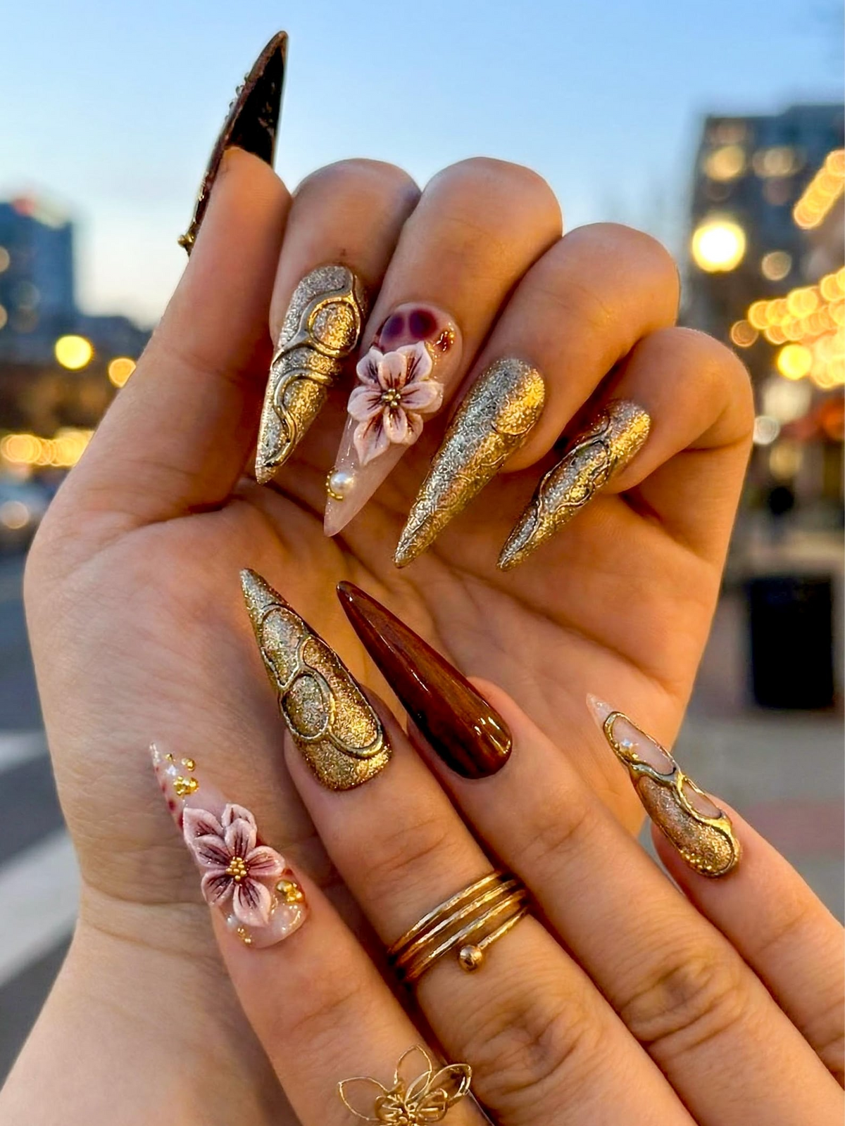 Luxury Gold Floral Press On Nails | Spring Floral Crystal Nail Art | | Gold Sculpted Couture Nails | Long Stiletto Nails | OB968EC
