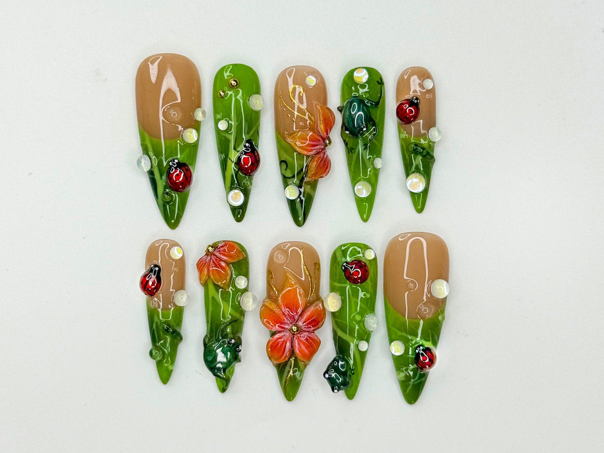 Green Floral Press On Nails with Ladybug and Pearl | 3D Nature Nails in Long Almond | Handmade Spring Nails for Wedding, Vacation | OB330N