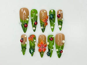 Green Floral Press On Nails with Ladybug and Pearl | 3D Nature Nails in Long Almond | Handmade Spring Nails for Wedding, Vacation | OB330N