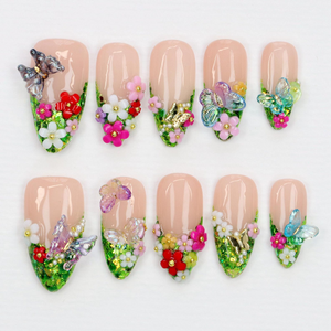 Green Glitter Press On Nails | Handcrafted Freestyle Forest-Inspired Secret Garden Nails | Custom 3D Butterfly Floral Fake Nails Art | Y2K Gifts OB906L