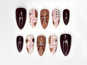 Chocolate Autumn Press On Nails | Sweet Treats-Inspired Nail Art | Soft Pink & Brown Handcrafted Design | Handmade Unique Nail Set | OB182HC