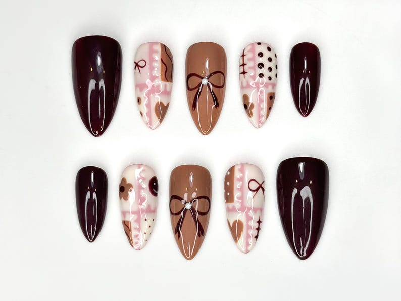 Chocolate Autumn Press On Nails | Sweet Treats-Inspired Nail Art | Soft Pink & Brown Handcrafted Design | Handmade Unique Nail Set | OB182HC